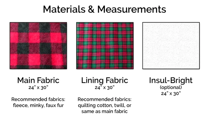 Cut fabric pieces: One 24" x 30" rectangle of main fabric, one 24" x 30" rectangle of lining fabric, and one 24" x 30" rectangle of Insulbright (optional). Adjust size for larger pets (30" x 36" for large cats, or larger for dogs). Remember gussets will reduce final size by ~14"