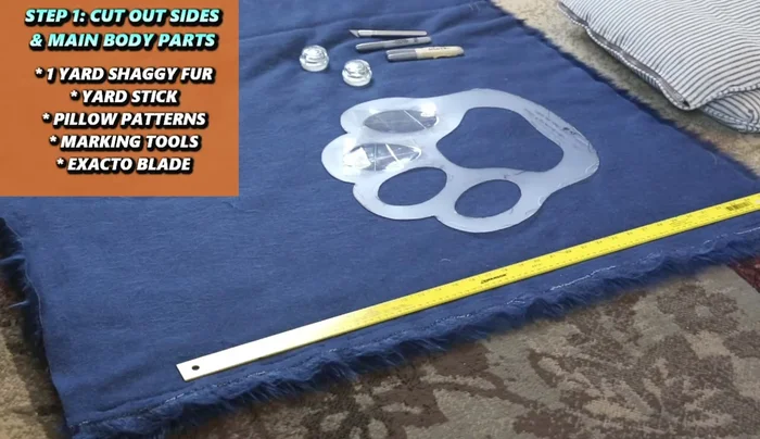 Trace and cut out the inside pads using the shorter pile fur, pad pattern, exacto blade, and marking tools. Also cut out the face of the pillow.