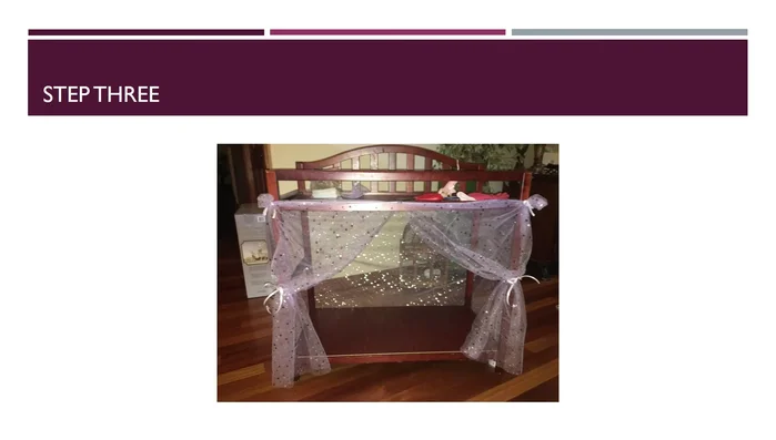 Cut small holes in the fabric on the front left and right. Thread ribbon through the holes and tie to create a drawn curtain effect.