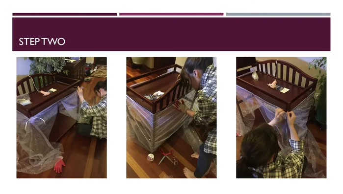 Hot glue the fabric to the front and back of the furniture, pulling and folding to create the desired drape. Securely attach the fabric, ensuring a tight look at the back and a looser, flowy look at the front.