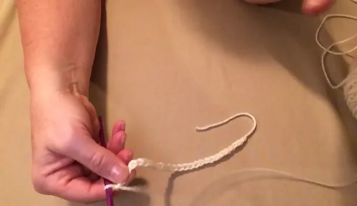 Turn and stitch down the opposite side of the chain with half double crochets, two in the first and last chains, one in the others.