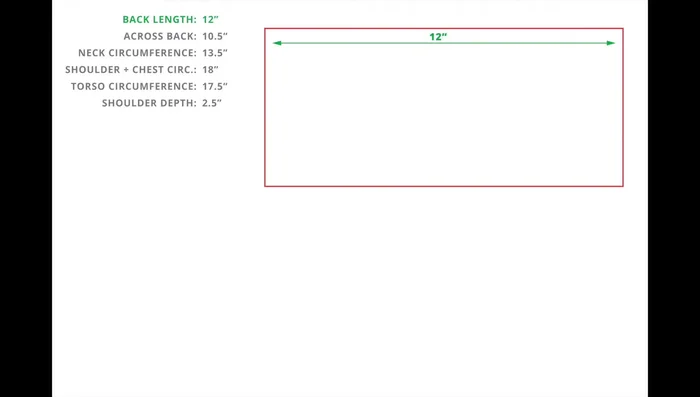 Draft the pattern: Draw a rectangle for the back panel (length = back length, depth = half of across-back measurement). Add straps for the torso and front.