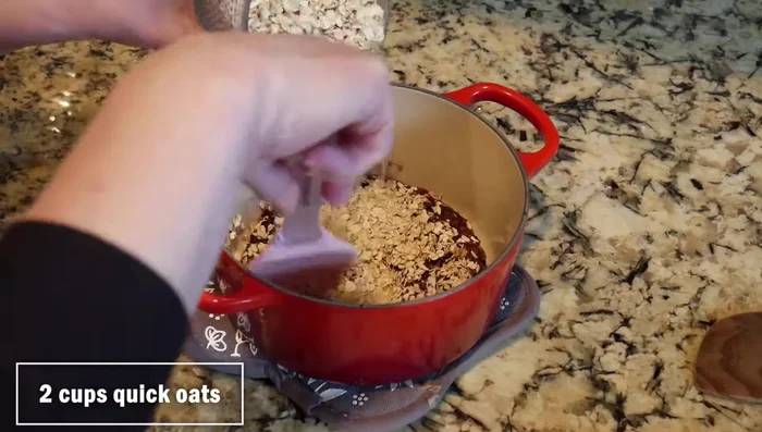 Gradually add quick oats to the mixture, mixing until you achieve a consistency that allows you to form small balls. Add a little more water if needed to reach the right consistency.