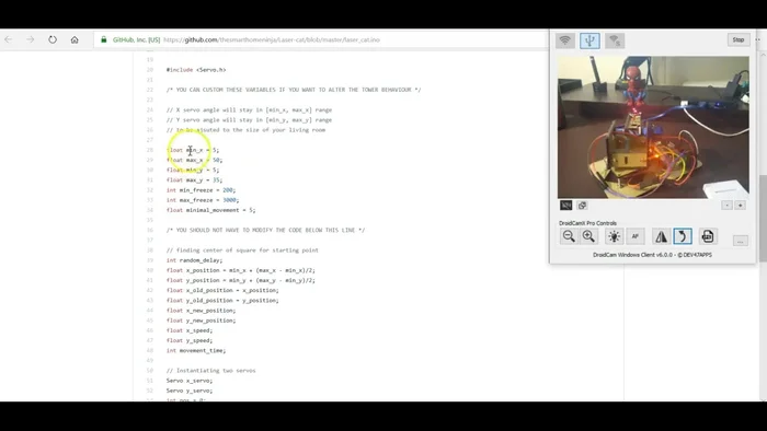 Adjust the min/max X and Y values (range of motion), and min/max freeze (delay between movements) in the code if necessary to fit your setup.