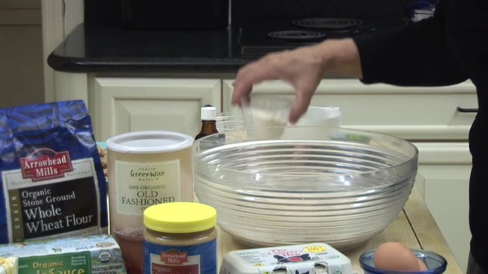 Combine dry ingredients: 2.5 cups organic whole wheat flour, ¾ cup organic white flour, 1 cup organic cornmeal, ¾ cup organic oats.