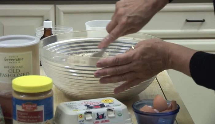 Mix in liquids: 1 ½ cups filtered water, 1 teaspoon vanilla extract.