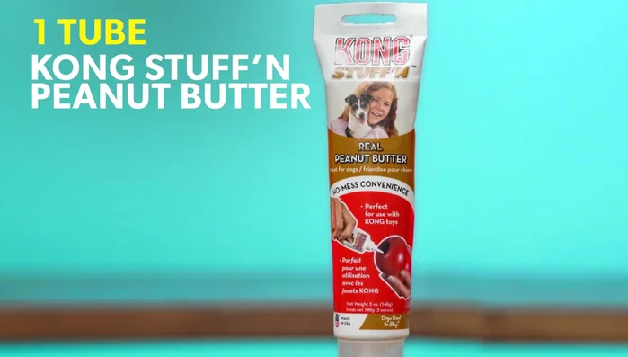 Combine dehydrated dog food, rice flour, fruit apples, chicken broth, and ¾ of a tube of peanut butter in a large bowl.