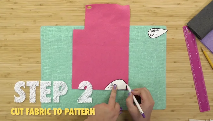 Trace patterns onto fabric and cut out two side pieces and one bottom piece.
