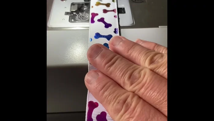 Stitch along the other edge, securing the ribbon to the webbing.