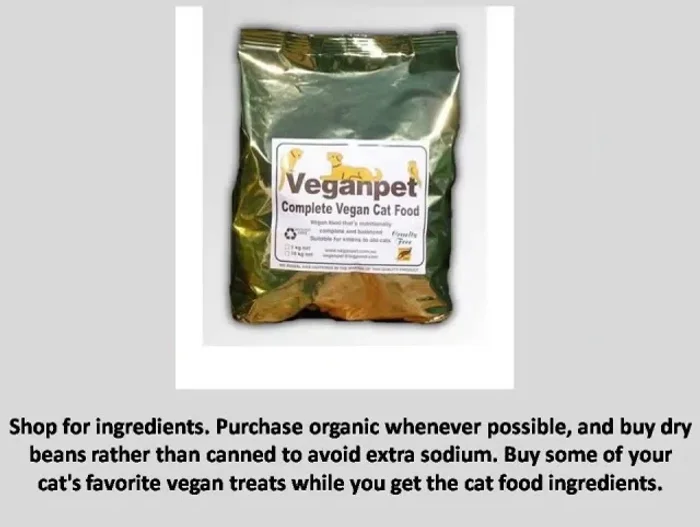 Shop for organic ingredients whenever possible. Buy dry beans instead of canned to avoid excess sodium. Purchase some of your cat's favorite vegan treats.