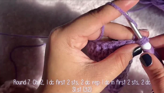 Round 7: *(1 double crochet in next 2 stitches, 2 double crochets in next stitch)* repeat (32 total).