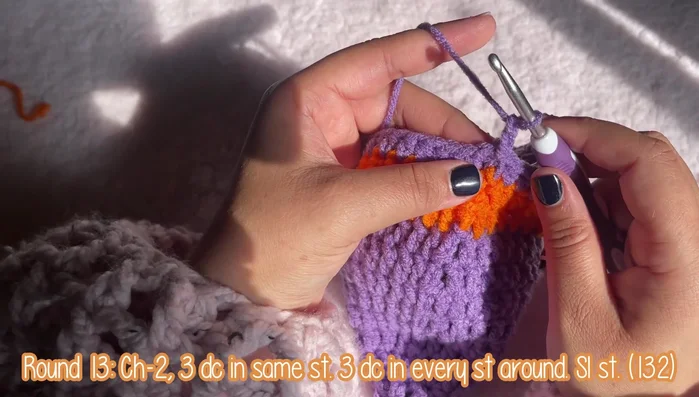 Round 13: 3 double crochets in each stitch (Ruffles).