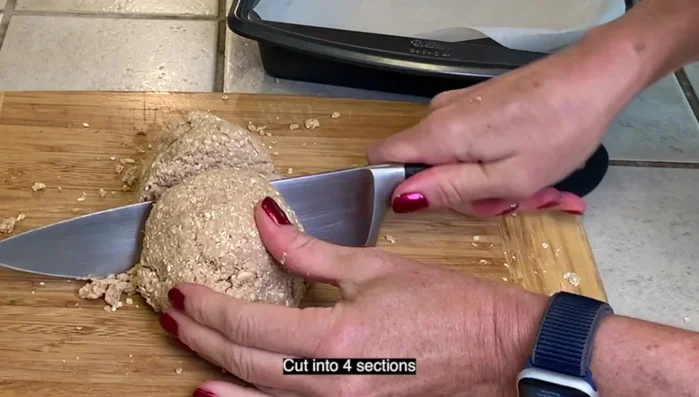 Put the dough onto a cutting board and cut into four equal sections. Freeze three sections for later.