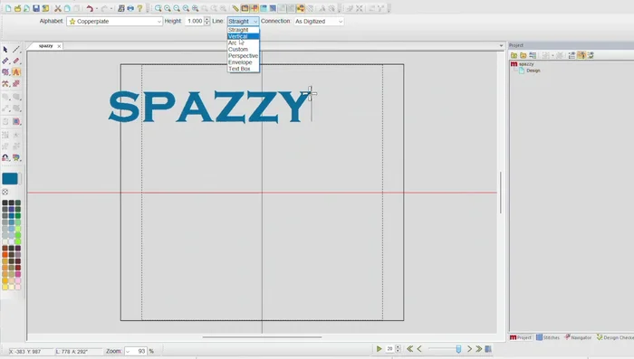 Select embroidery settings for center-out stitching and a suitable color.