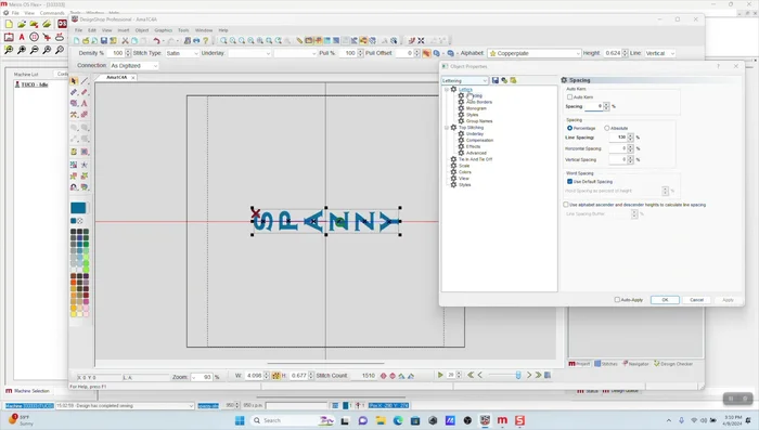 Select embroidery settings for center-out stitching and a suitable color.