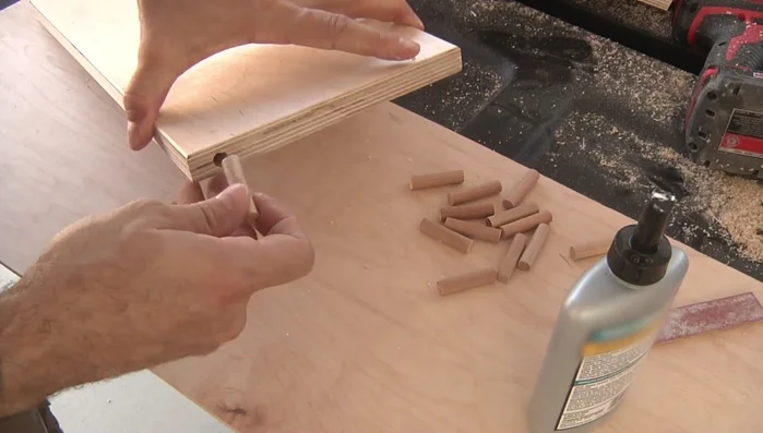 Glue dowels into the treads and risers.