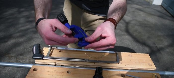 Assemble the frame using the connectors. Pipes pass through the round end; another slides into the open end; tighten with a hex wrench.