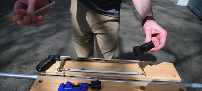 Assemble the frame using the connectors. Pipes pass through the round end; another slides into the open end; tighten with a hex wrench.