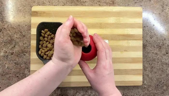 Kibble and Wet Food: Fill two-thirds of the Kong with kibble and the remaining third with wet dog food.