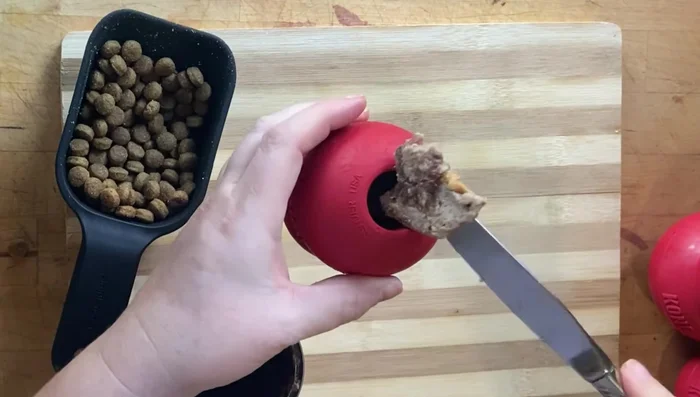 Kibble and Wet Food: Fill two-thirds of the Kong with kibble and the remaining third with wet dog food.