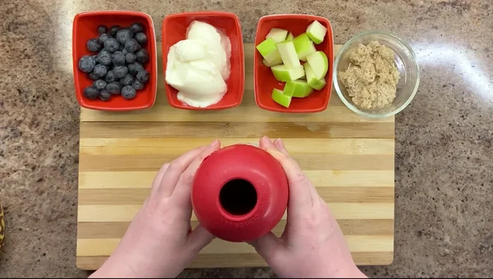 Fruit Kong: Layer blueberries, banana, yogurt, apple slices, and oatmeal.