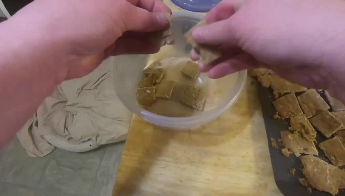 Cut into small squares using a pizza cutter.